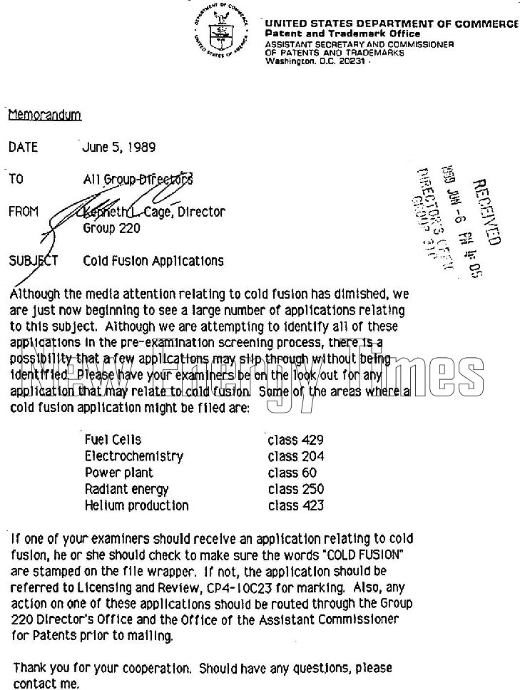 USPTO's 1989 Cold Fusion Applications Memorandum - newenergytimes.com