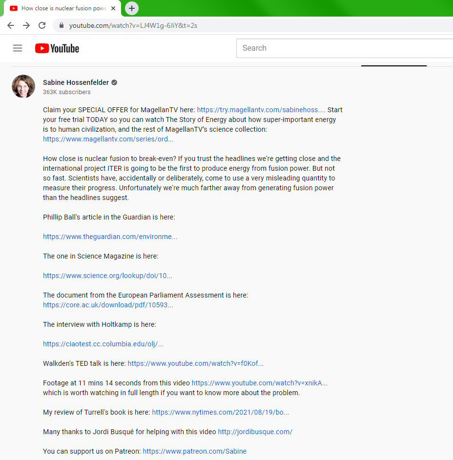 List of credits on Hossenfelder's YouTube page for her fusion video as of Oct. 2, 2021