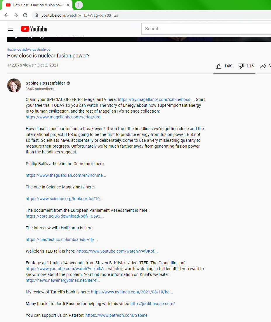List of credits on Hossenfelder's YouTube page for her fusion video as of Oct. 3, 2021