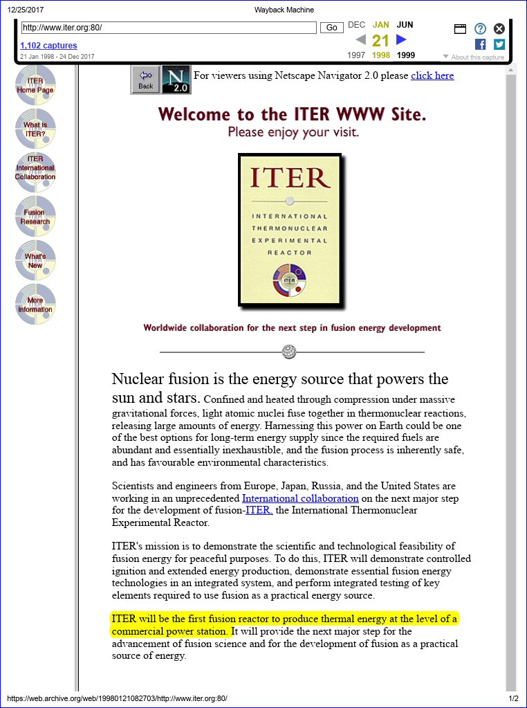 Image from the homepage of the ITER organization, January 21, 1998 (Courtesy Archive.org)