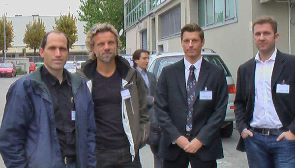 Rossi promoters Sterling Allan and Mats Lewan and two unidentified Swedish visitors at the building used by Rossi, Oct. 28, 2011.