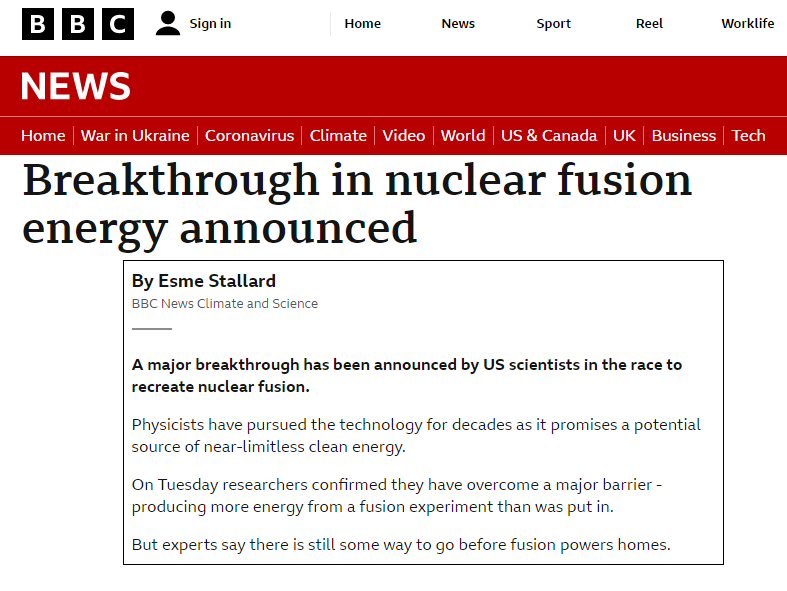 "More energy from a fusion experiment than was put in" Excluding the energy required to operate the experiment. Pay no attention to the fact that the half of the fuel mixture required for the "near-limitless clean energy" does not exist.
