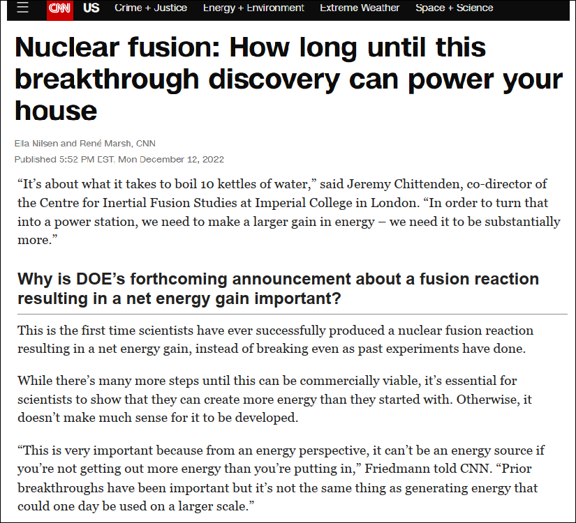 NIF researchers put 400 MJ of energy into the device and got out 2.5 MJ of energy. Fusion scientists have hoaxed the news media.
